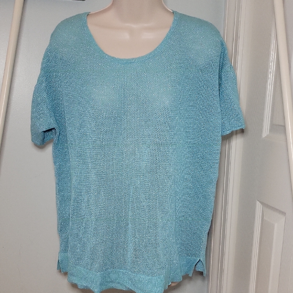 Chico's Ocean Blue Short Sleeve Open-Knit Mesh Tunic Top Size XL (3)